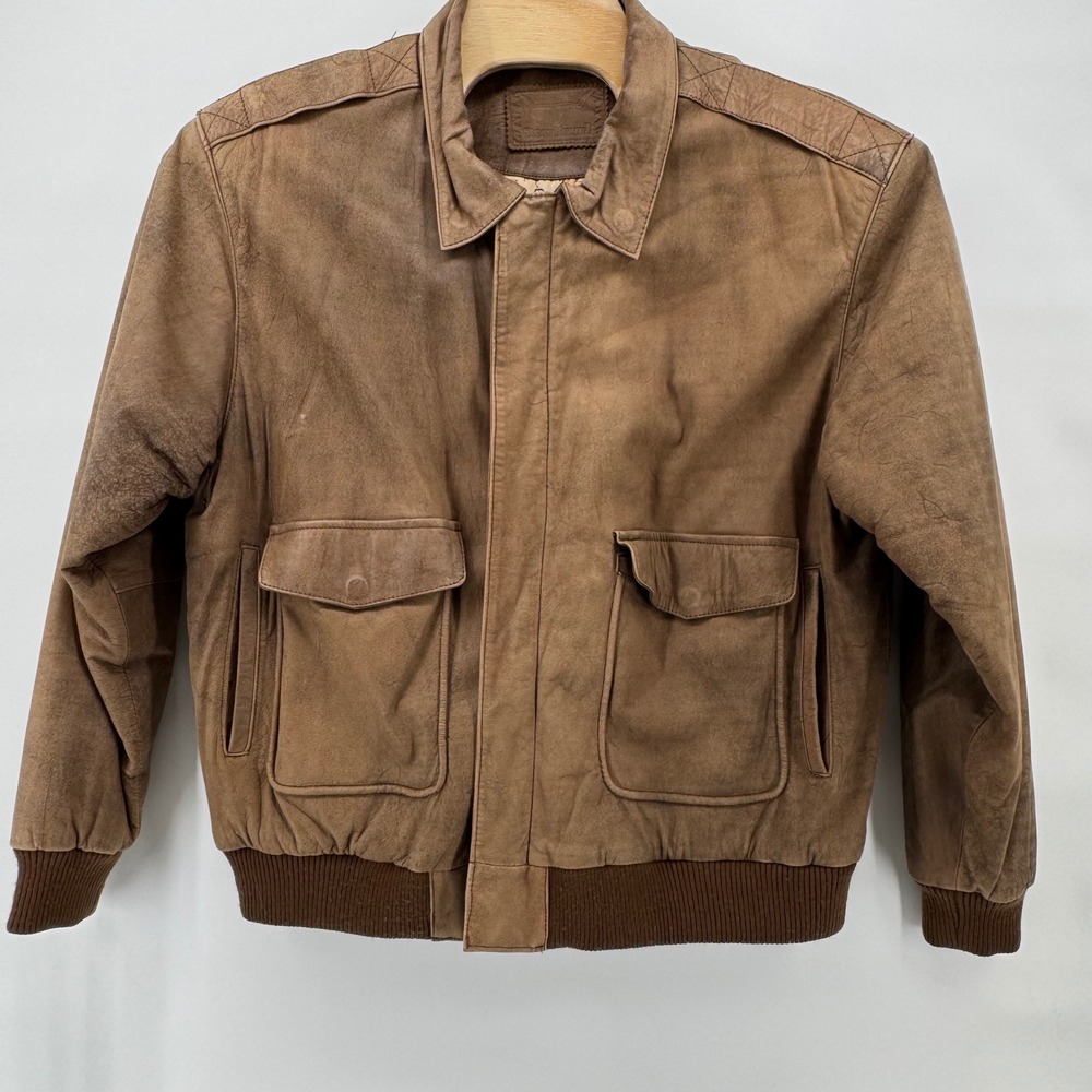 Vintage‎ SteerBrand Mens XL Brown Leather Bomber Jacket Map Lined Made in Korea